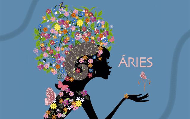 Ilustração de uma mulher com o símbolo do signo de Áries em sua mão. A mulher está mandando um beijo para o símbolo e logo acima dele está escrito "ÁRIES".