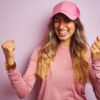 mulher feliz usando boné rosa em fundo rosa