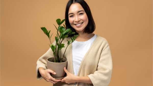 Mulher segurando planta em fundo bege. Garota feliz posando com planta em pano de fundo isolado.