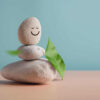 Aproveitando a vida, harmonia e conceito de mente positiva. Pilha de pedra estável com desenho de rosto sorridente e folha. Serenidade, equilíbrio, corpo, mente, alma e espírito.
