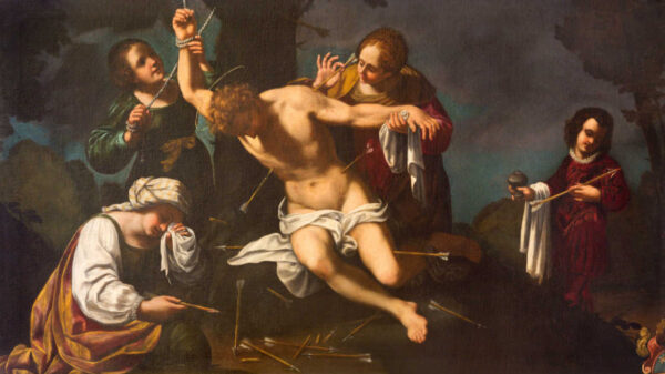 O martírio da pintura de São Sebastião na igreja Chiesa di Santa Maria della Pomposa por Bernardino Cervi de 17. Cent.