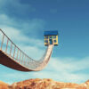 Ponte de madeira levando a uma casa levitando. Conceito de sonho. Ilustração de renderização 3d.