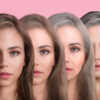 Conceito de envelhecimento. Comparação de jovens e velhas; de antes e depois. Mulher envelhecendo, em um fundo rosa.