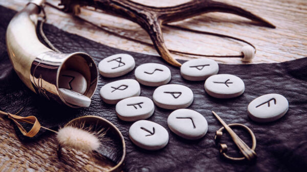 Pedras rúnicas e vários objetos da era viking. Conceito de adivinhação.