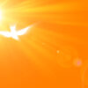 céu laranja. no canto superior direito está o sol e próximo dele uma ave branca iluminada