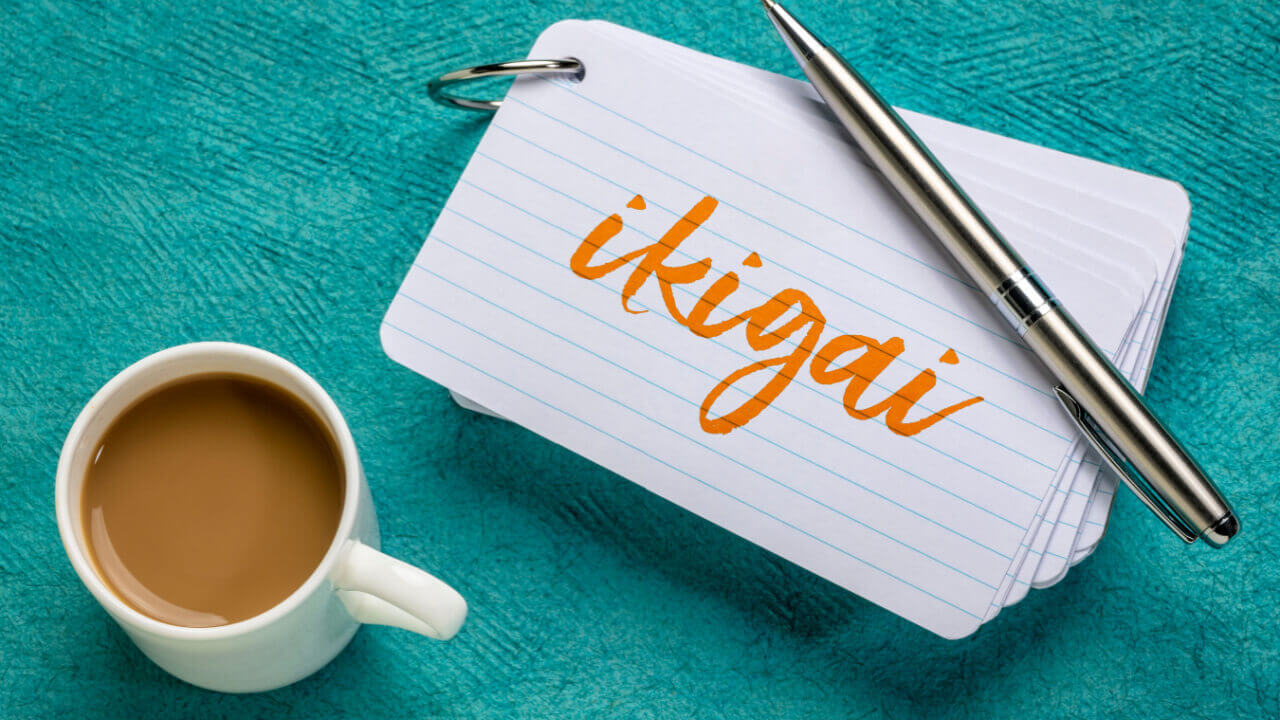 no canto inferior esquerdo há uma xícara branca com leite e achocolatado ao lado, ocupando metade da imagem, está um bloco branco pautado com "ikigai" escrito em laranja. acima do bloco tem uma caneta prata. o fundo é verde