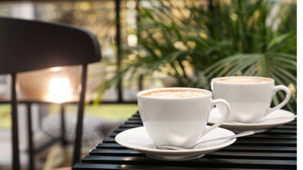 duas xícaras de café no canto inferior direito da imagem. O fundo é um local com paredes de vidro e plantas. o lugar é semelhante a uma cafeteria