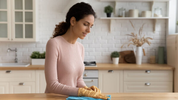 mulher limpando a bancada da cozinha