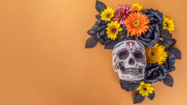 À direita há uma caveira mexicana com flores em fundo laranja