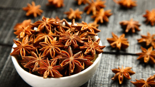 à esquerda está um pote branco cheio de anis-estrelado e os restante da mesa esta preenchido com anis-estrelado em cima de uma mesa da madeira