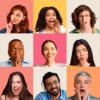 Homens e mulheres mostrando emoções positivas e negativas, expressando sentimentos e suas personalidades sobre fundos de estúdio coloridos. Conceito de estilos de vida das pessoas.
