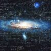 Conceito de ciência e pesquisa do universo, galáxia espiral e fórmulas físicas, conhecimento.