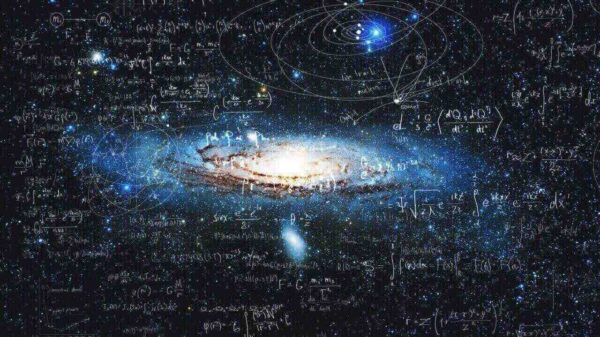 Conceito de ciência e pesquisa do universo, galáxia espiral e fórmulas físicas, conhecimento.