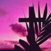 silhueta de uma cruz e um ramo em um fundo de céu roxo