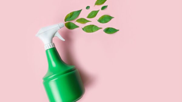 borrifador verde com folhas verdes saindo do spray em fundo rosa