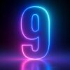 imagem do número nove em silhueta neon nas cores azul, verde e rosa em fundo violeta