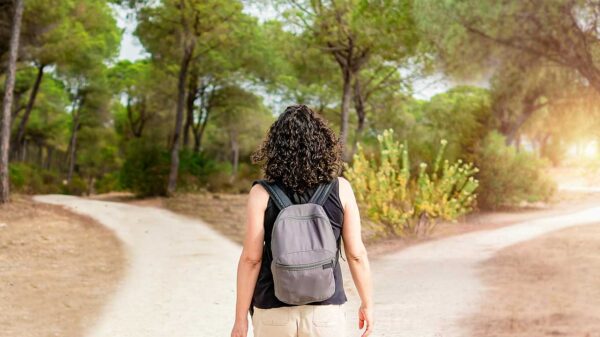 mulher de costas olhando para dois caminhos em um bosque com árvores