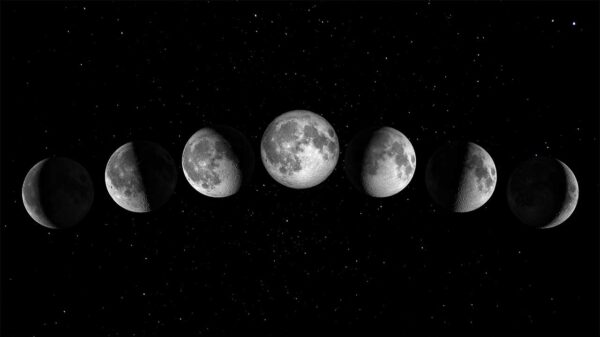 montagem de todas as fases da lua alinhadas uma ao lado da outra em fundo preto